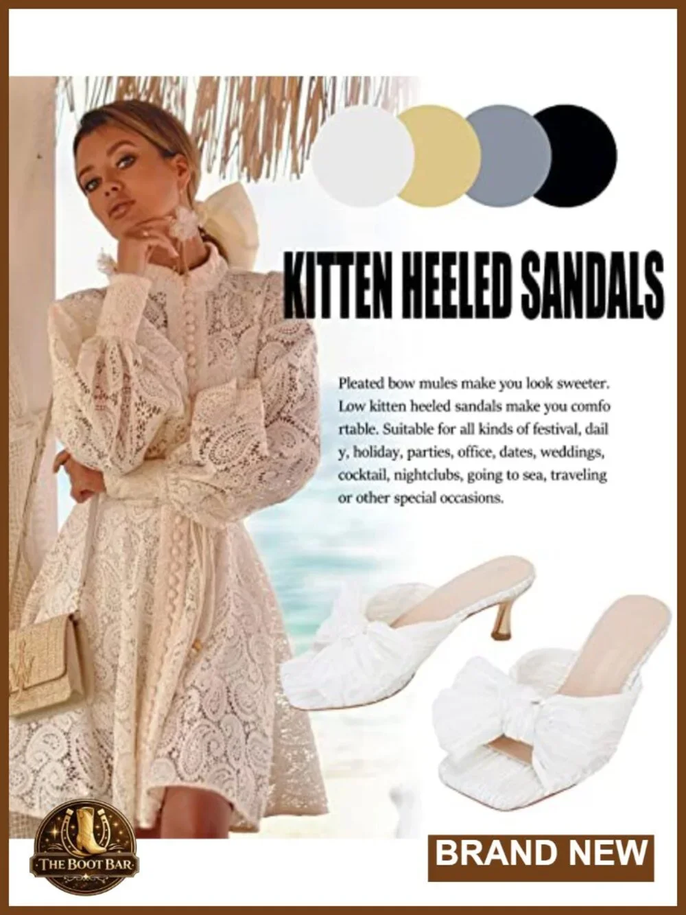 Women's Heeled Sandals with Bow, Square Toe, Slip On, Kitten Heel